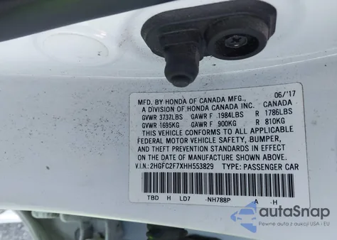 2017 Honda Civic Ex z USA, uszkodzony, nr VIN 2HGFC2F7XHH553829